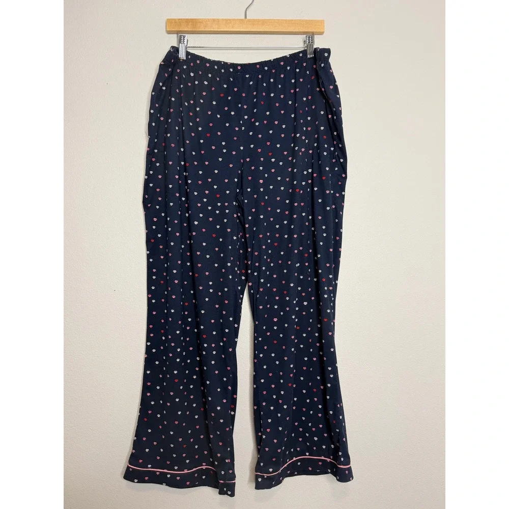 Kate Spade New York Pajama Set Navy Blue Lip Print Button Down Pants Womens 2X